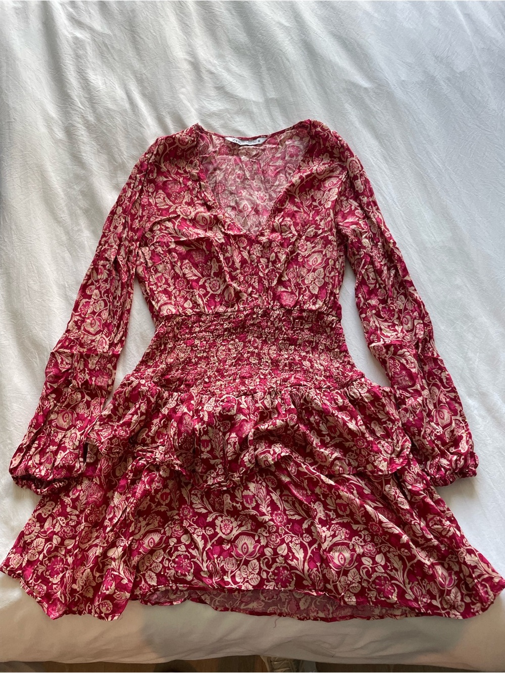 Zara Pink Floral V‑Neck Smocked Mini Dress